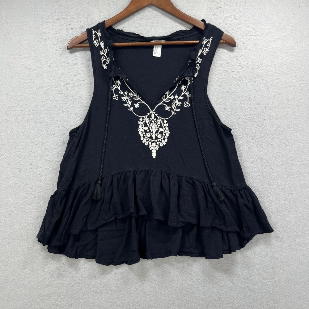 Forever 21 Tank Top Women Medium Black Embroidered Floral Sleeveless Boho Peplum